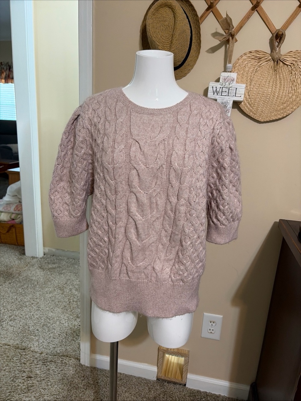 Express Dusty Rose Cable Knit Short-Sleeve Sweater Large
